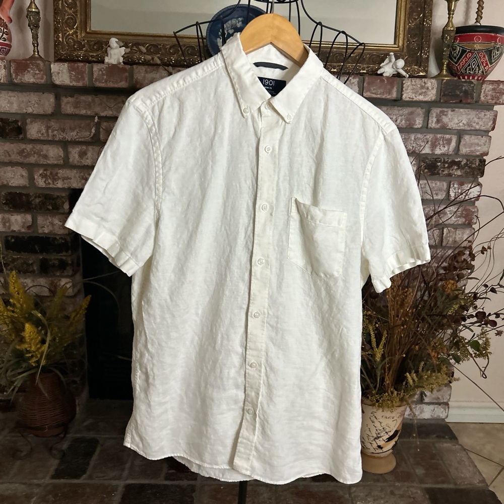 1901 Trim Fit Men’s 100% Linen Short Sleeve Button Up Shirt Sz M Casual Summer